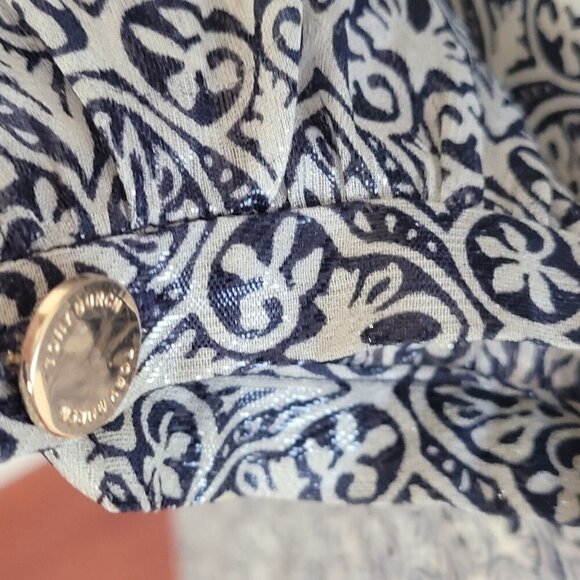 Tory Burch Stretch Silk Keyhole Neck Blue Metallic Long Sleeve Blouse Size 4 - Picture 8 of 12
